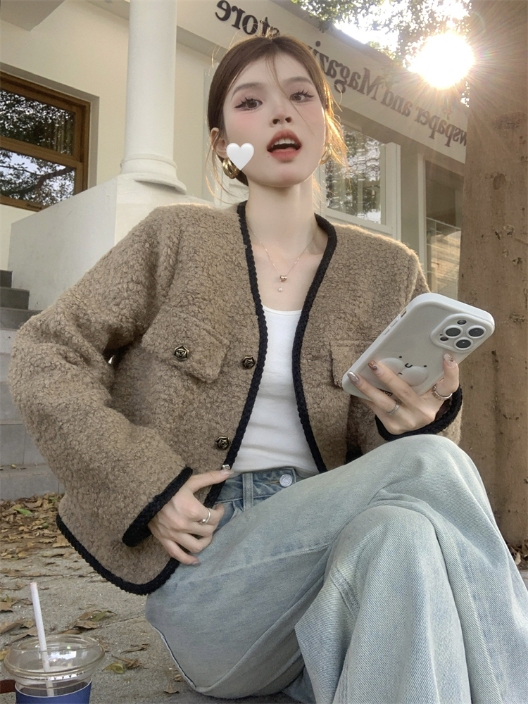 實拍 秋冬新款小香風氣質羊羔毛外套V領短款上衣女長袖