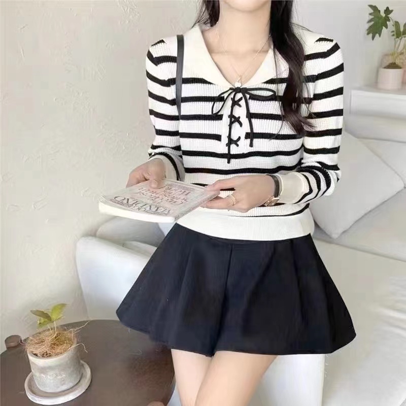 Striped Navy Collar Sweater Women's Autumn New 2023 Xiaoxiangfeng Fashion Lace Design Niche Long Sleeve Top