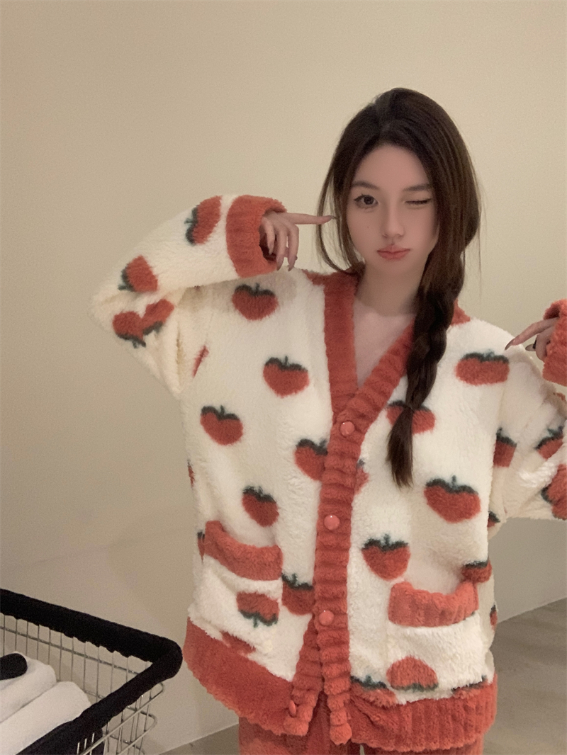 實拍 珊瑚絨加絨加厚秋冬睡衣網紅水蜜桃家居服兩件套