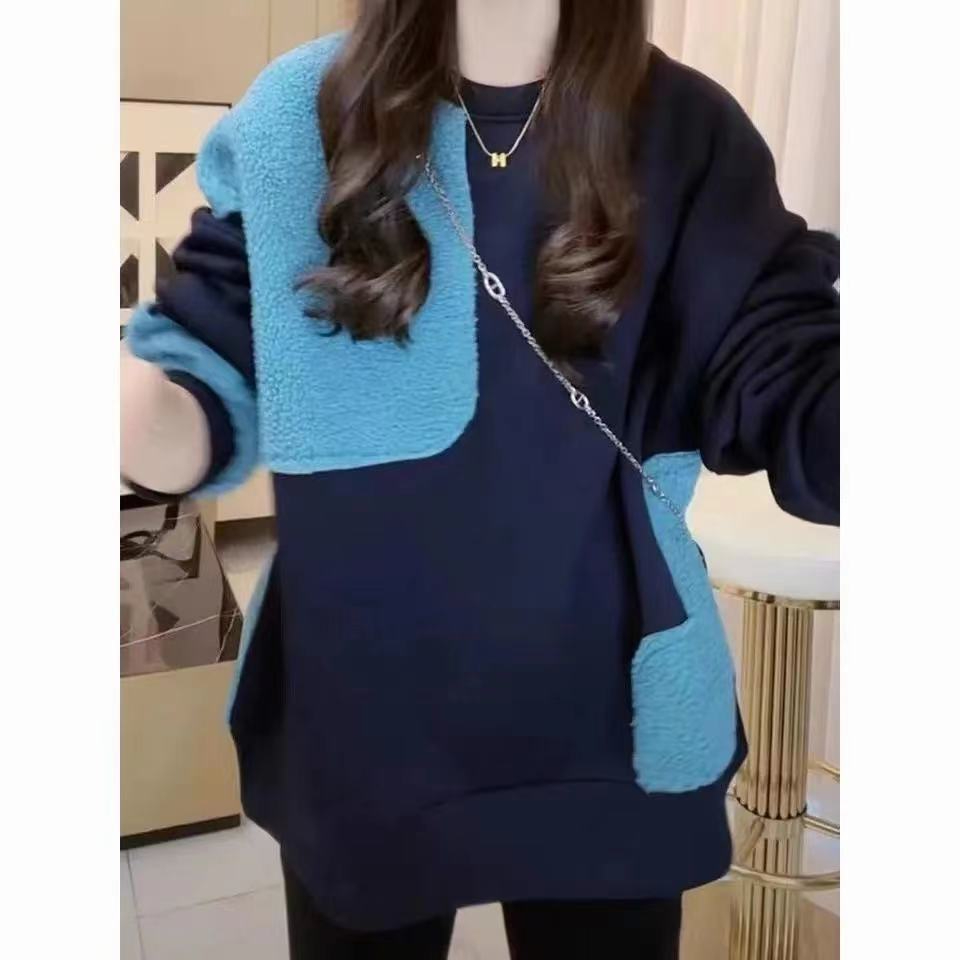 韓版冬季加絨加厚百搭新款寬鬆設計感撞色拼接套頭衛衣女V2118
