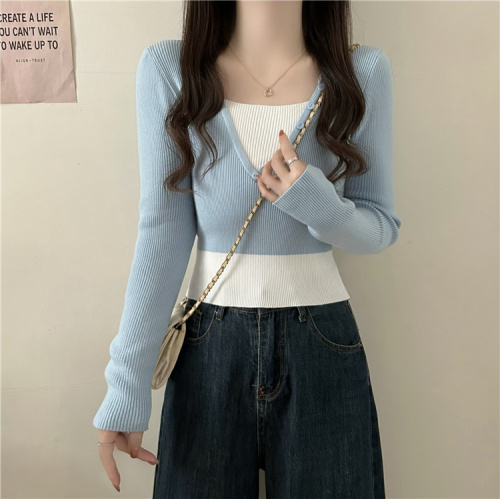 Real shot~Autumn new design fake two-piece slimming long-sleeved knitted T-shirt top