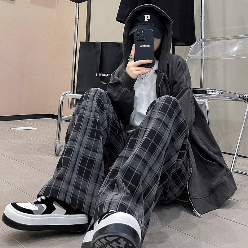 Black plaid pants women's loose straight spring, autumn and winter 2023 new Korean style casual pants high waist drape wide leg pants