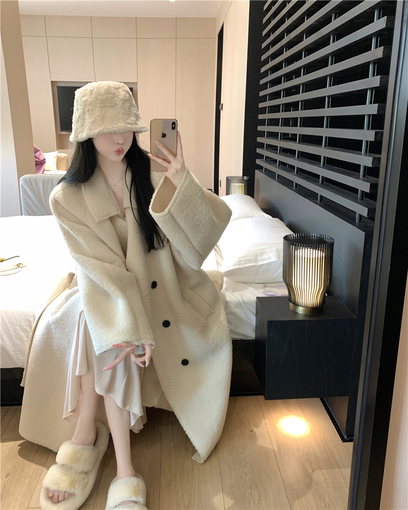實拍~皮毛一體大衣羊羔毛外套女冬季中長款加厚赫本風長外套
