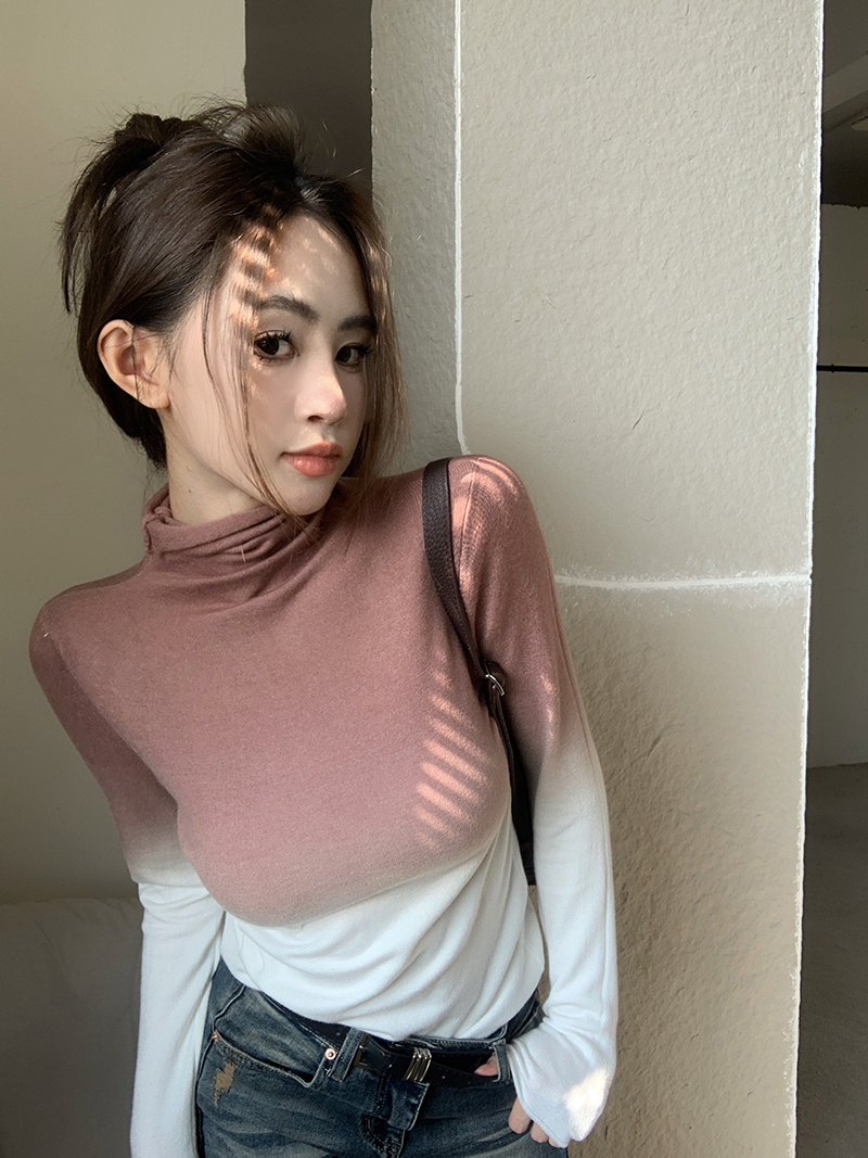 實拍！高級感漸變色高領羊毛針織衫秋冬內搭打底修身上衣2310