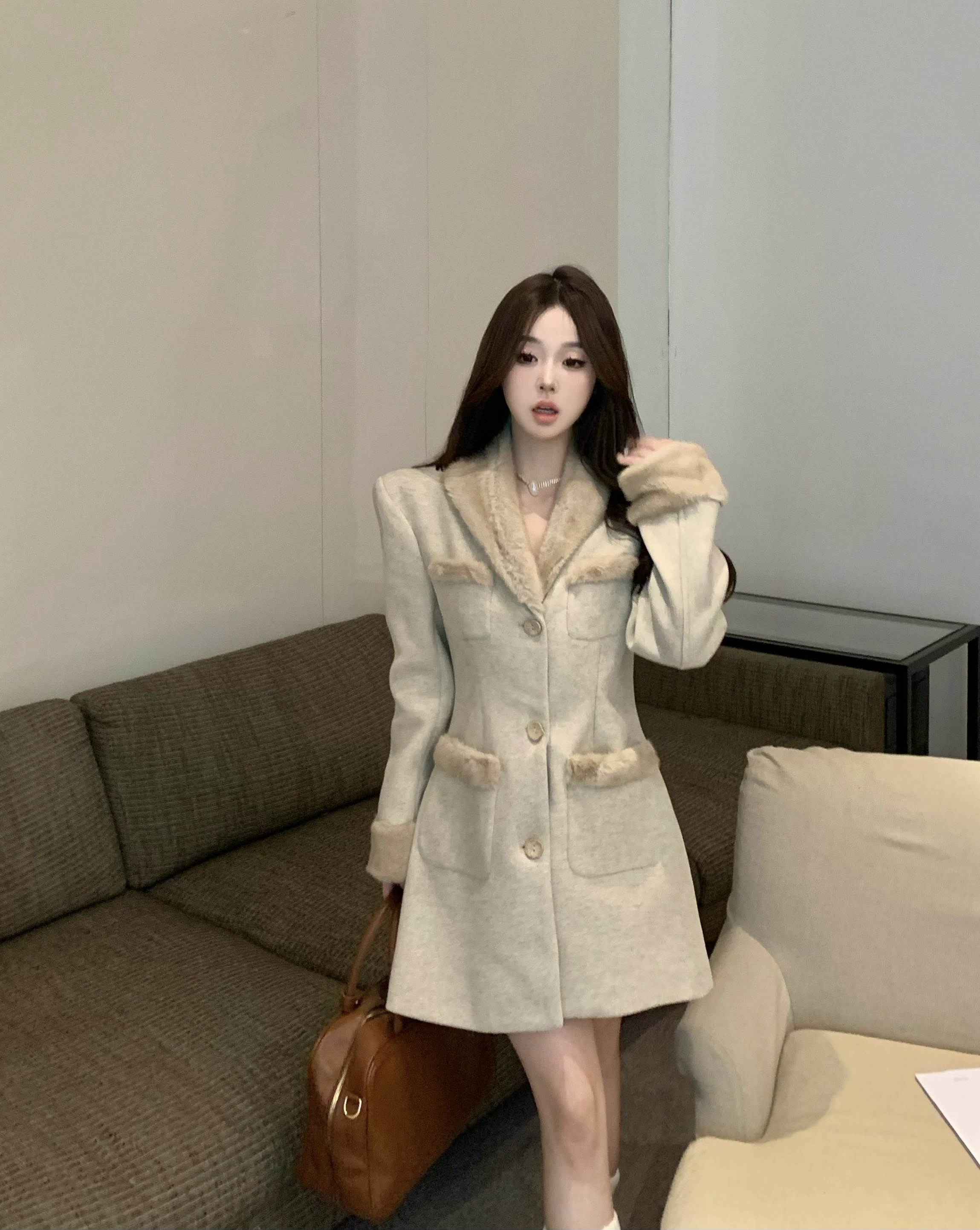毛絨拼接 可愛毛呢夾棉西裝連衣裙女冬季復古駝色短裙