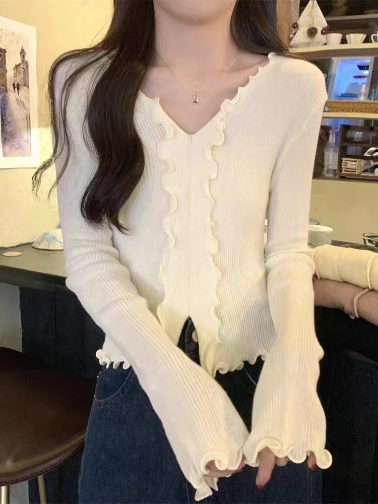 French pure lust sexy fungus-edged sweater for women, autumn, western style and high-end sense with slim long-sleeved top