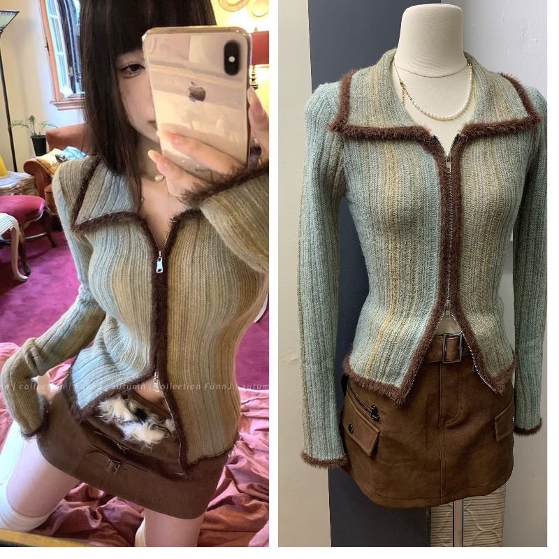 FunnJ Square Table Gradient Trap Retro Color Block Cardigan Sweater Jacket Women's Lazy Slim Knitted Top