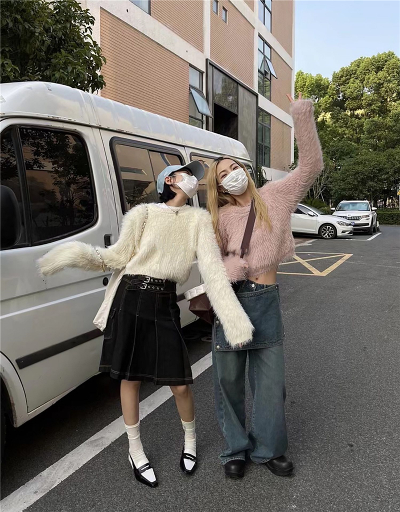 秋冬新款仿水貂毛軟糯毛茸茸設計感小眾針織衫復古短款女毛衣