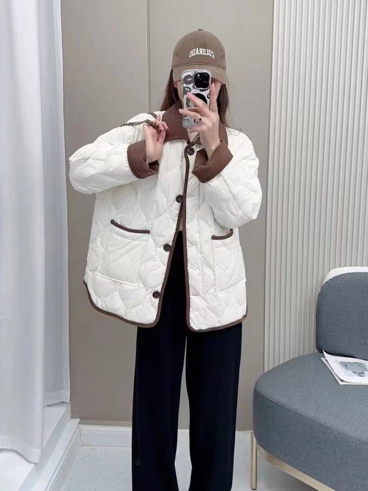 Xiaoxiangfeng light cotton short jacket for women 2023 new winter style loose contrasting color lapel rhombus cotton top