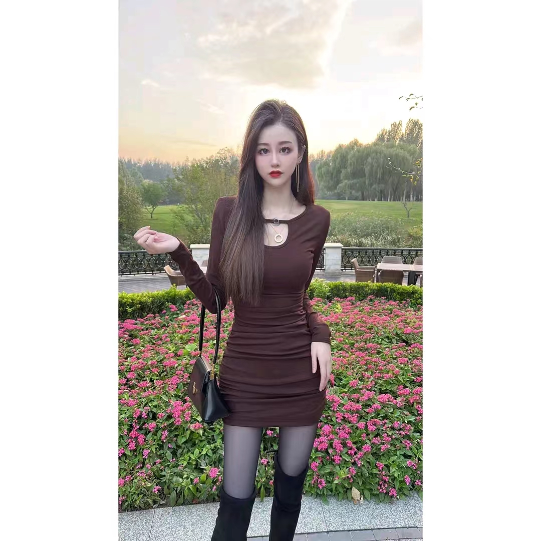 琪姐純欲連衣裙性感辣妹鏤空一根帶修身顯瘦加絨連衣裙