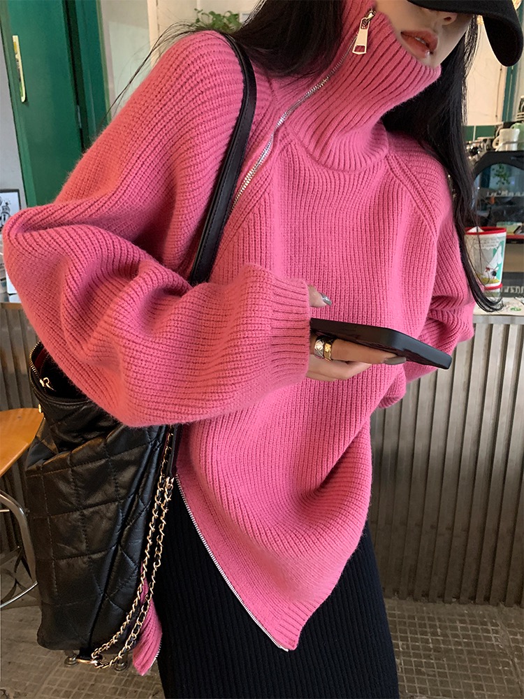 A7seven autumn and winter thickened diagonal zipper sweater jacket women's mid-length loose lazy fashionable high-neck sweater