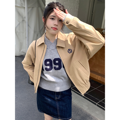 Real shot  new American retro college style short jacket for women autumn and winter small embroidered zipper short jacket