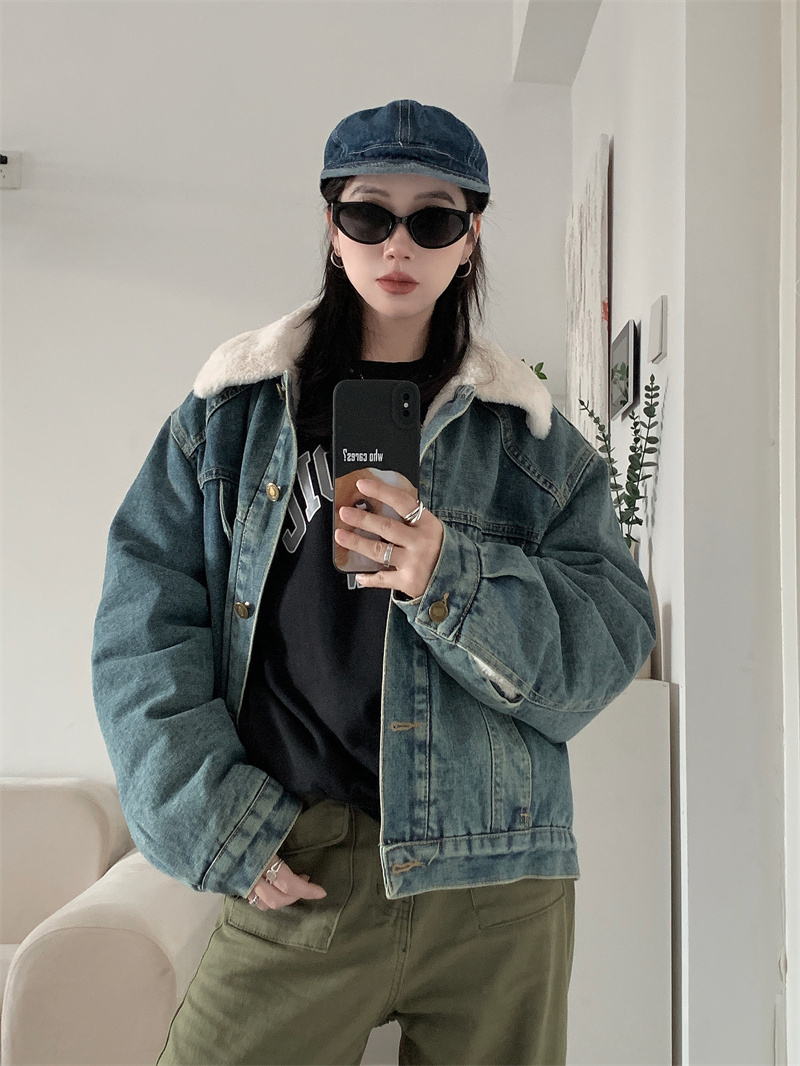 牛仔短外套女仿兔毛加絨2023年新款韓版寬鬆加厚ins炸街棉服上衣