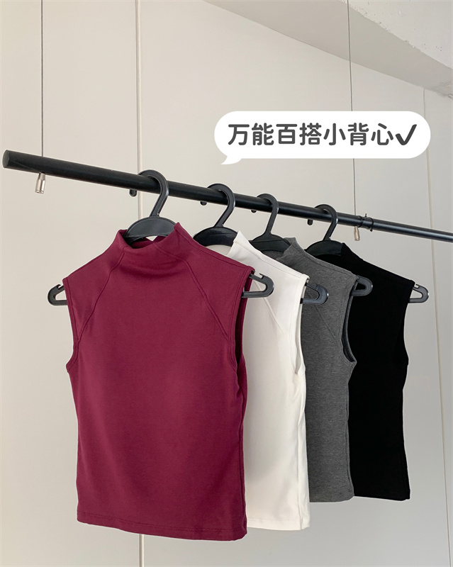實拍~性感辣妹半高領背心無袖T恤女緊身短款帶胸墊內搭打底衫上衣