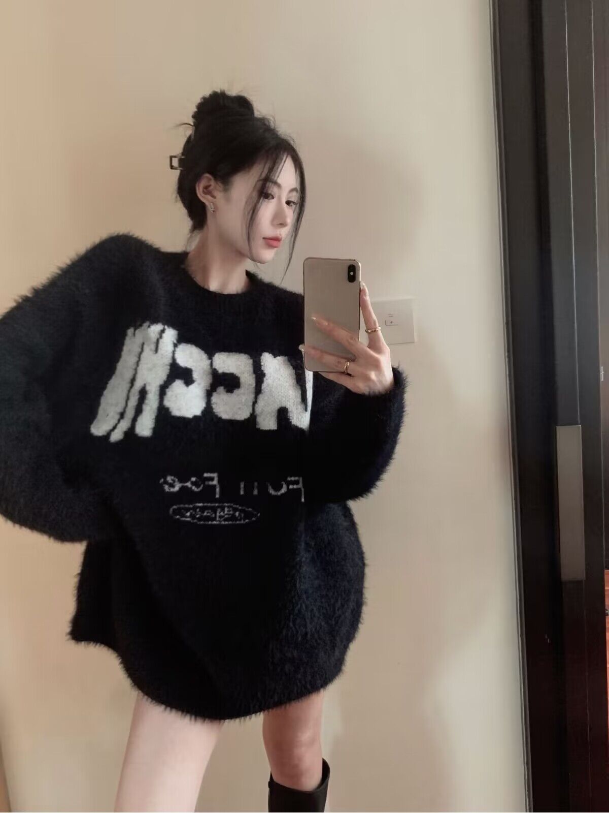 慵懶風黑色浣熊絨毛衣女秋冬奶fufu寬鬆套頭中長款針織衫上衣外穿