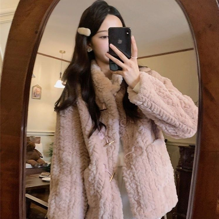 Lamb velvet jacket women's autumn and winter new winter off-white pink velvet thickened one-piece imitation fur cotton coat for women
