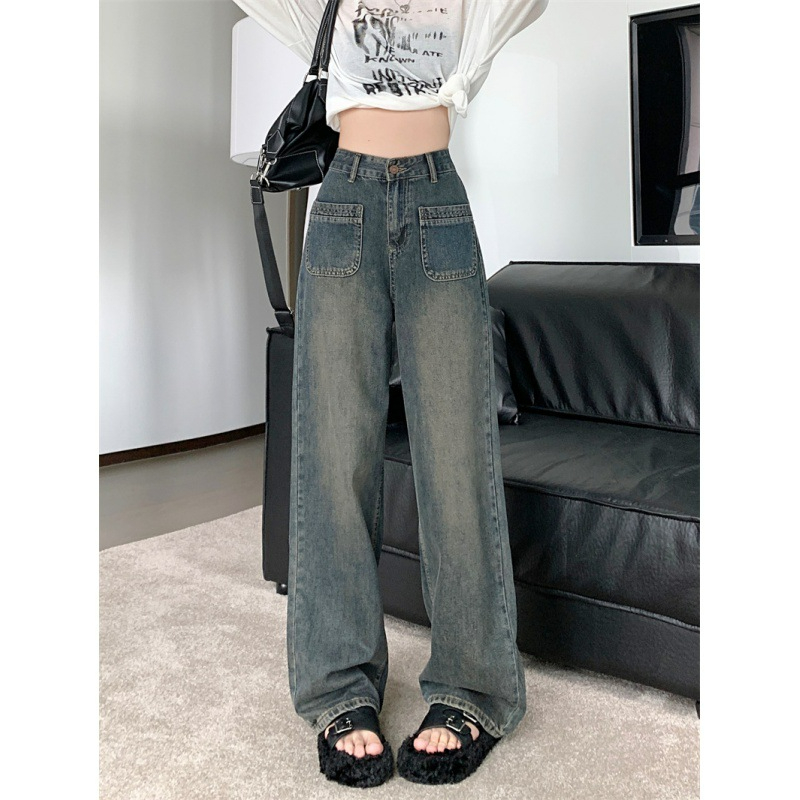 Real shot-high-waisted wide-leg jeans for women in autumn 2023 new straight-leg loose slimming drapey floor-length pants