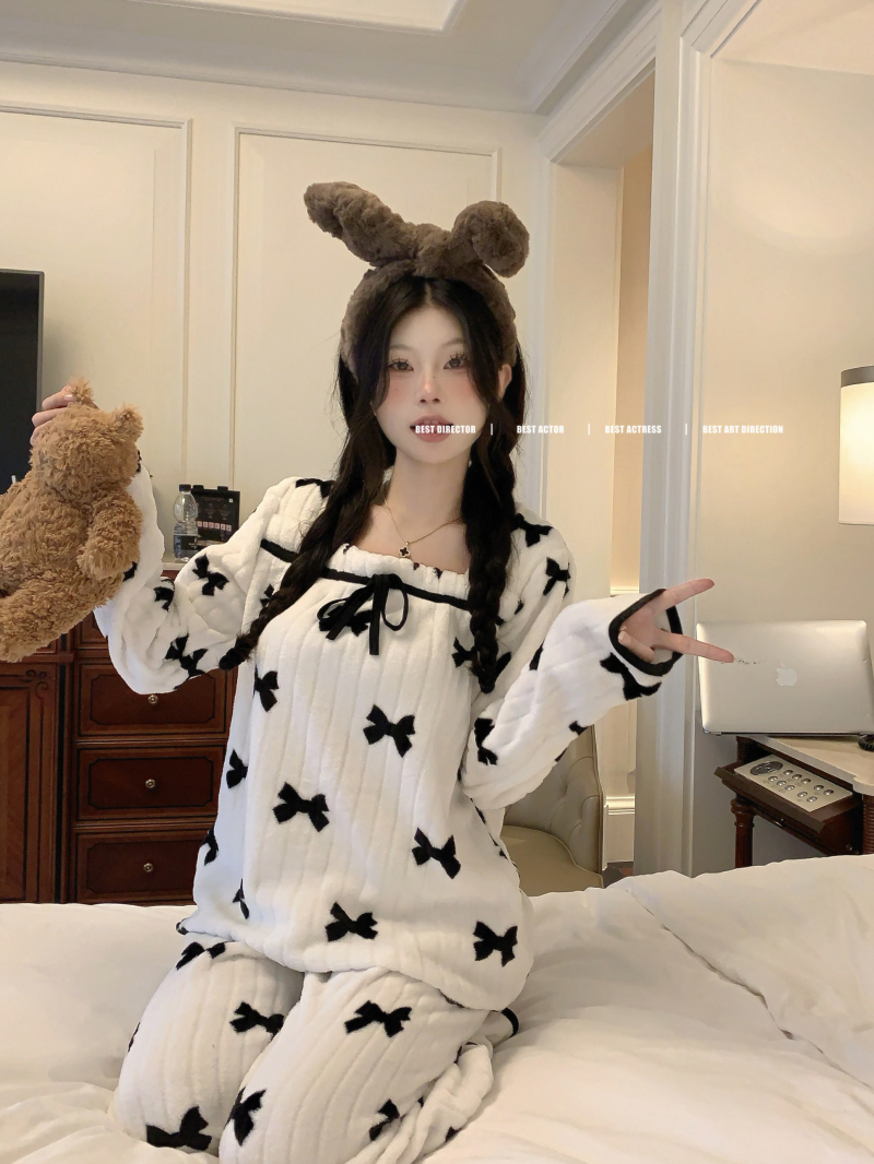 實拍 公主風睡衣女秋冬珊瑚絨加絨加厚甜美法蘭絨家居服套裝