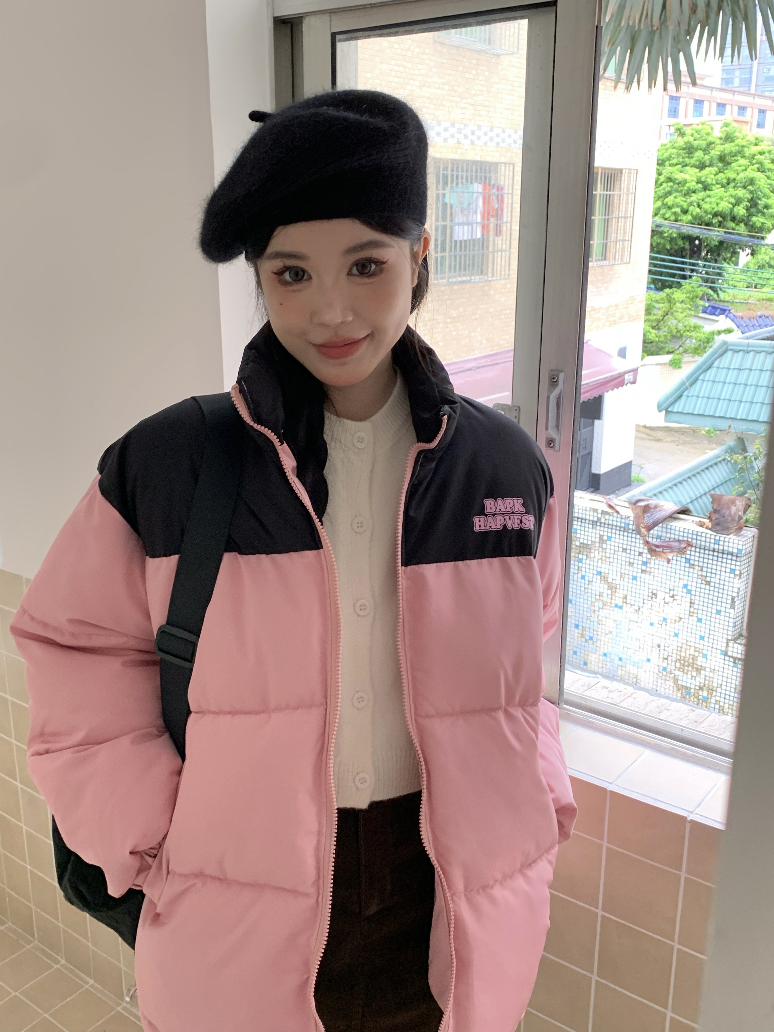 實拍  冬季韓系國潮美式拼色棉衣棉服加厚情侶上衣棉襖外套麵包服