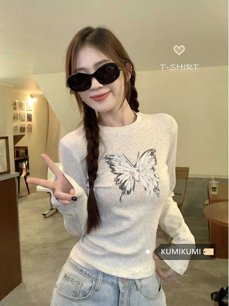 American shoulder short T-shirt women's long-sleeved design bow print slim-fitting sweet and cool bottoming shirt top ins