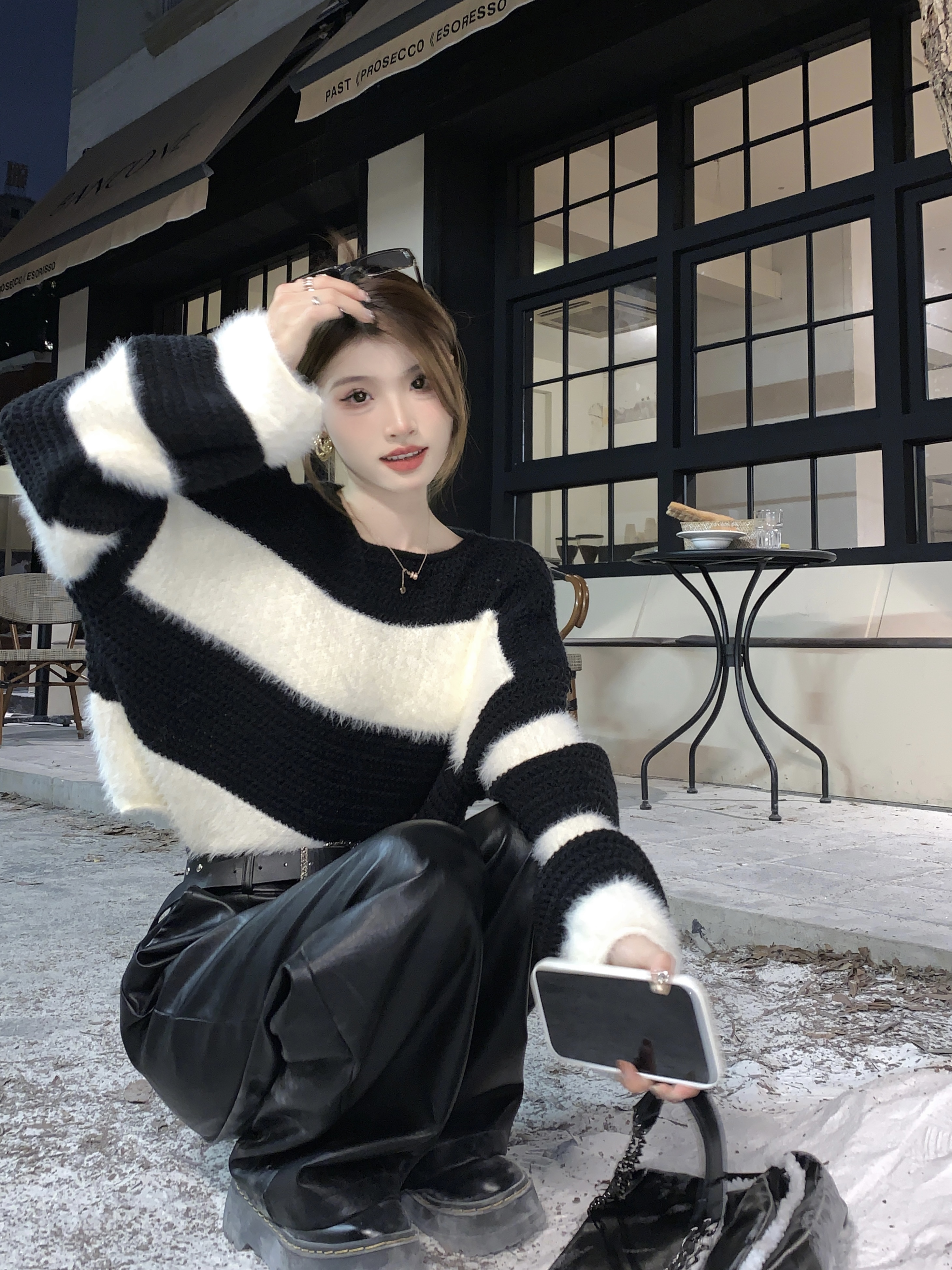 實拍 秋季條紋毛衣外套女款復古寬鬆短款針織衫外穿上衣