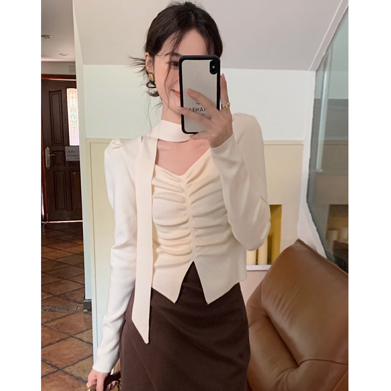 LS秋冬23新款韓系氣質小女人顯瘦百搭針織衫褶皺設計打底衫配領巾