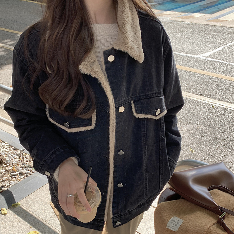 實拍  冬季韓系冬季新款加絨牛仔外套女加厚寬鬆休閒黑色棉服潮