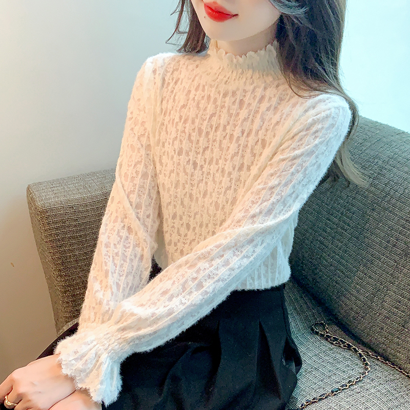 已出貨 2023秋冬新款半高領磨毛蕾絲打底衫女洋氣內搭小衫上衣