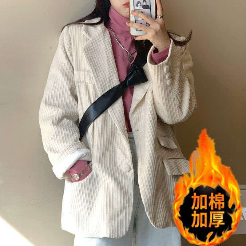Corduroy and cotton thickened suit jacket for women 2023 autumn and winter new style loose and versatile slimming street suit trend