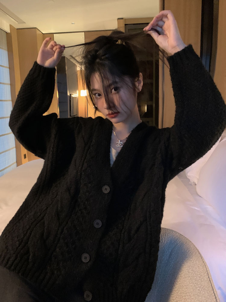實拍 新款韓版系慵懶風麻花加厚針織開衫毛衣