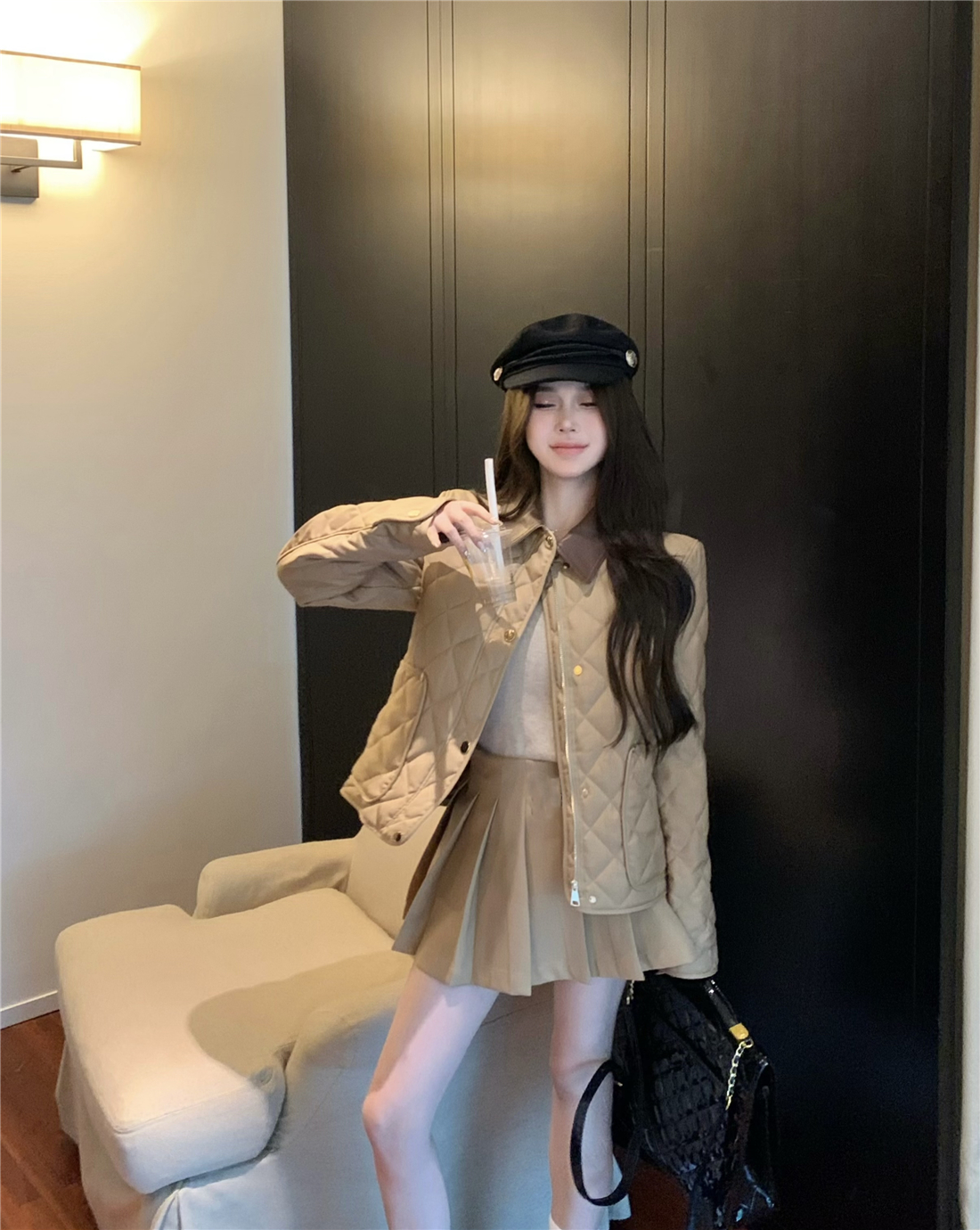 新季雙面絎棉格子卡其棉服棉衣外套+榛果拿鐵百搭半身百褶裙