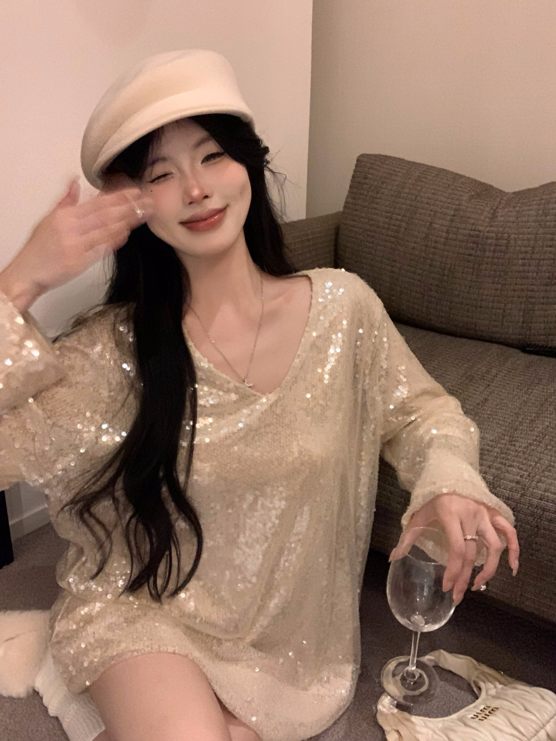 實拍 人魚姬法式浪漫風亮片中長T恤連衣裙女