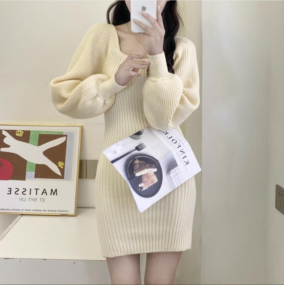 春秋法式小眾泡泡袖方領針織連衣裙女修身顯瘦燈籠袖打底包臀裙女