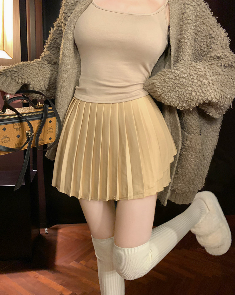 實拍 少女腿 前短後長百搭四色百褶半身短裙a字收腰顯瘦高腰