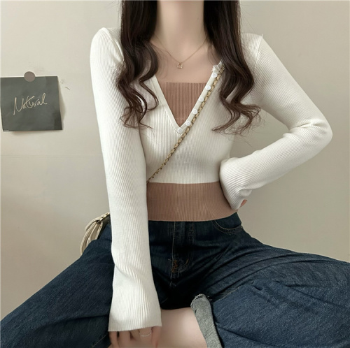 Real shot~Autumn new design fake two-piece slimming long-sleeved knitted T-shirt top