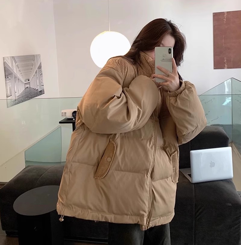 Corduroy stand-up collar down cotton coat women's winter coat 2023 new student cotton coat plus velvet thickened bread coat