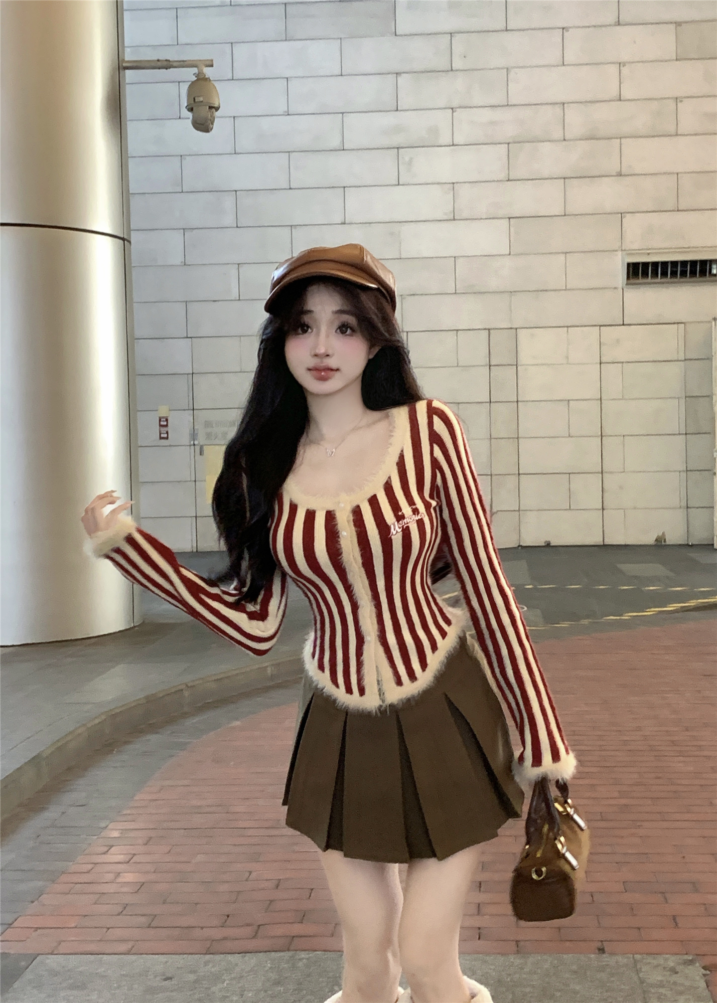 Real shot~Autumn and winter American vertical striped knitted cardigan sweater + suit high waist slimming A-line pleated skirt