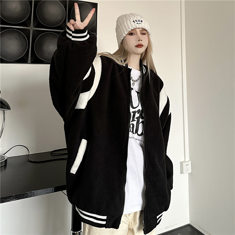 美式復古羊羔毛外套女加絨加厚秋冬韓版寬鬆高級感炸街毛絨棒球服