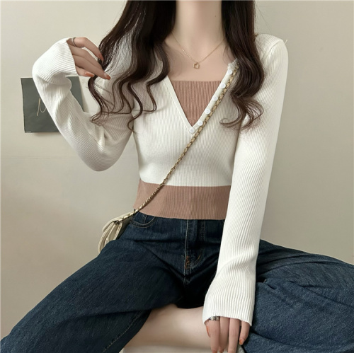 Real shot~Autumn new design fake two-piece slimming long-sleeved knitted T-shirt top