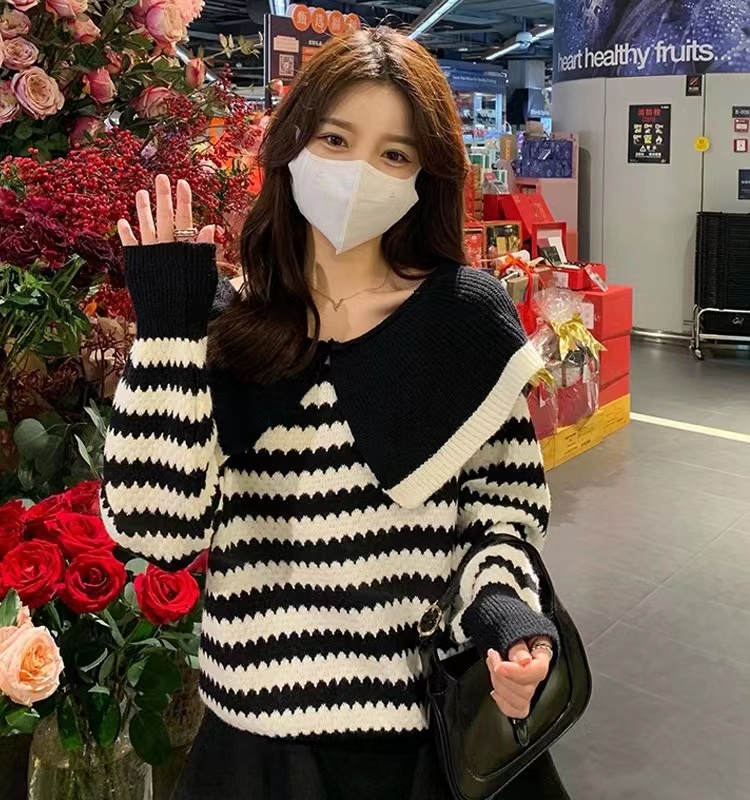 法式復古甜美娃娃領毛衣女士秋冬慵懶風寬鬆小眾設計感套頭針織上