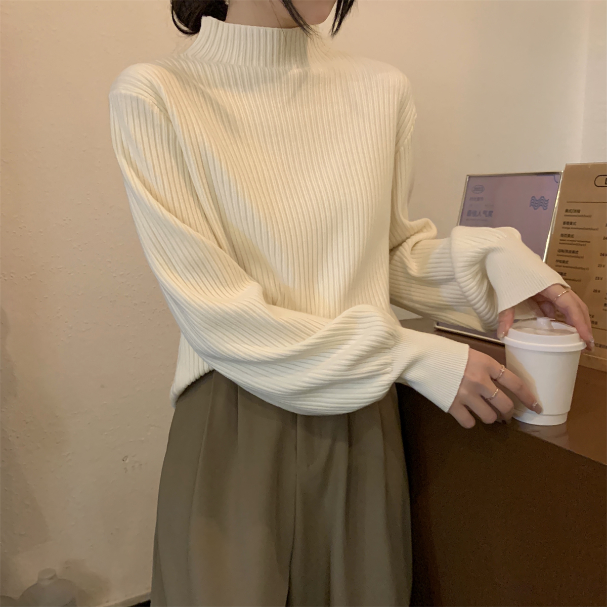 Actual shot of autumn and winter Korean style loose and versatile half turtleneck lantern sleeves Andy velvet inner knitted base sweater