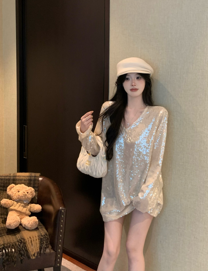 實拍 人魚姬法式浪漫風亮片中長T恤連衣裙女