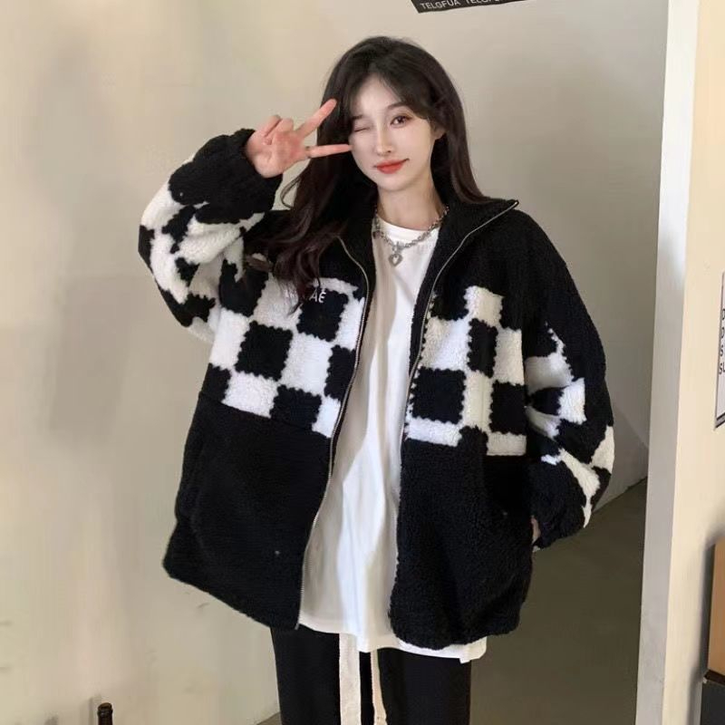 羊羔絨外套女棋盤格拉鏈寬鬆小眾設計感秋冬新款外套女衣服棉襖潮