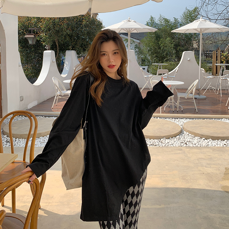 Real shot T-shirt women's autumn Korean style new loose mid-length irregular niche versatile long-sleeved tops