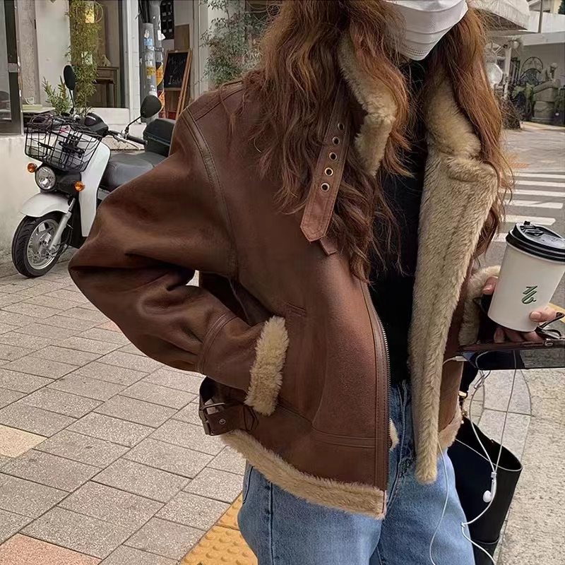 Korean Dongdaemun lambswool short thickened motorcycle jacket for women