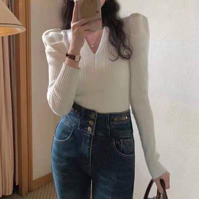 2023秋冬新款韓版氣質V領泡泡袖針織衫女修身顯瘦內搭打底上衣