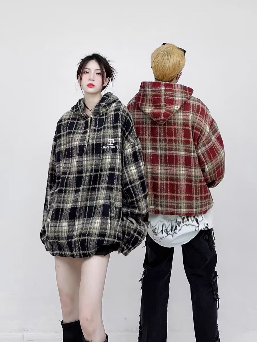 American High Street Embroidered Letters Hooded Jacket Trendy Retro Plaid Design Autumn New Jacket