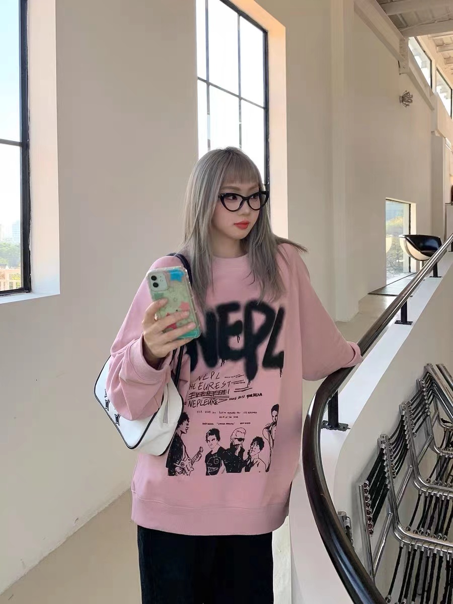 復古塗鴉髒粉色美式衛衣女春秋oversize2023新款秋季寬鬆朋克上衣