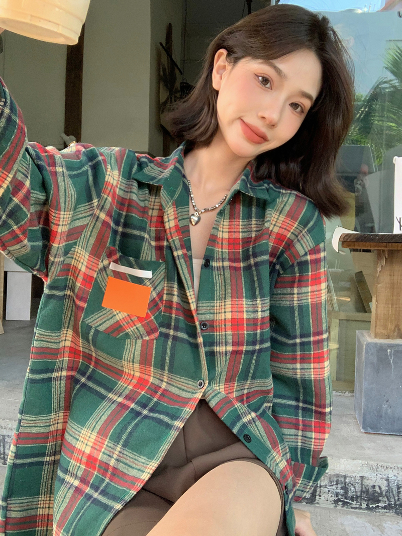 實拍 甜酷美式氛圍感格子襯衫外套女長袖寬鬆復古撞色格紋襯衣