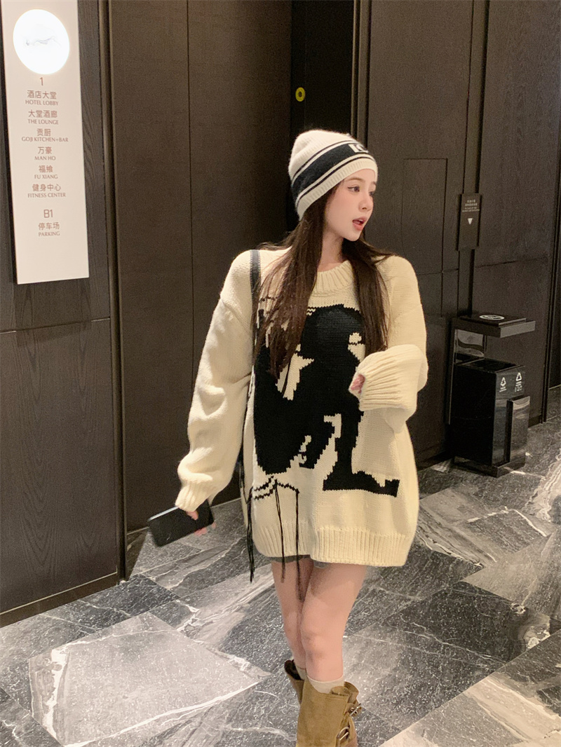 實拍設計感流蘇抽象粗針毛衣女秋冬慵懶風寬鬆加厚針織衫外穿上衣